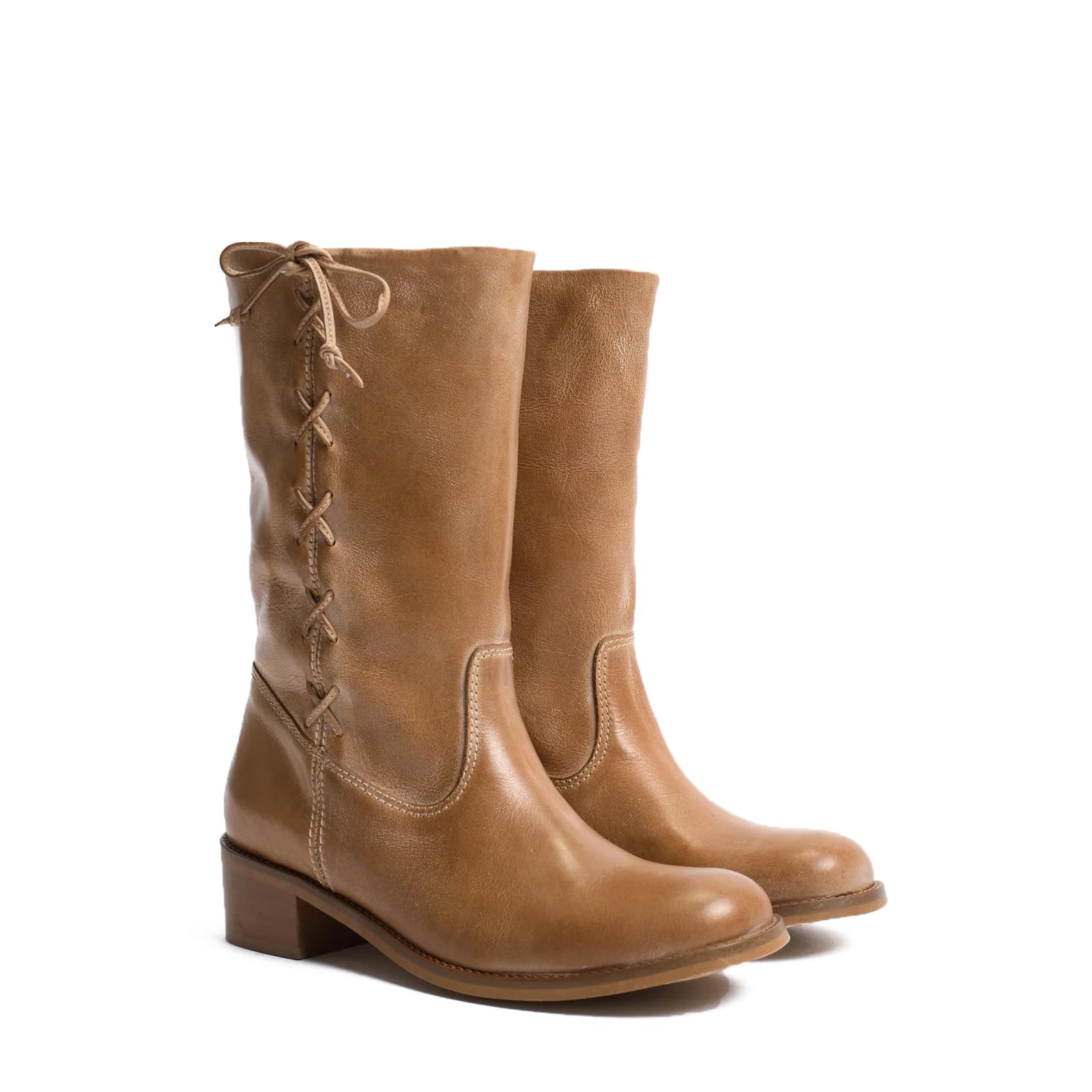 Womens Mid Calf Boots Chunky Block Heel Round Toe Boots Comfortable Low Heel Pull on Campus Casual Boots