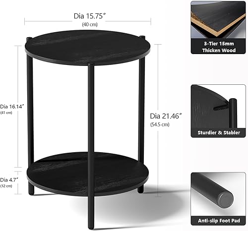 Miniatura 3 de Mesa auxiliar redonda, mesas auxiliares circulares de 2 niveles con almacenamiento de madera rústica, mesas auxiliares pequeñas, mesa auxiliar de