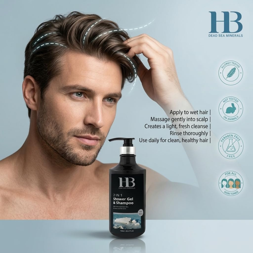 H&B 2-in-1 Duschgel und Shampoo für Männer – Mit Mineralien aus dem Toten Meer, Aloe Vera und natürlichen Ölen – Reinigung von Haar und Körper – Tägliche Anwendung – 780 ml