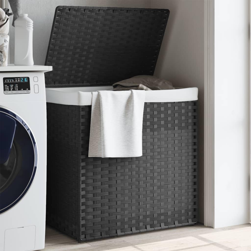 Cesto portabiancheria a 2 scomparti in polyrattan grigio, 53 x 35 x 57 cm, pieghevole con coperchio e maniglia per il trasporto, per biancheria sporca in bagno e lavanderia