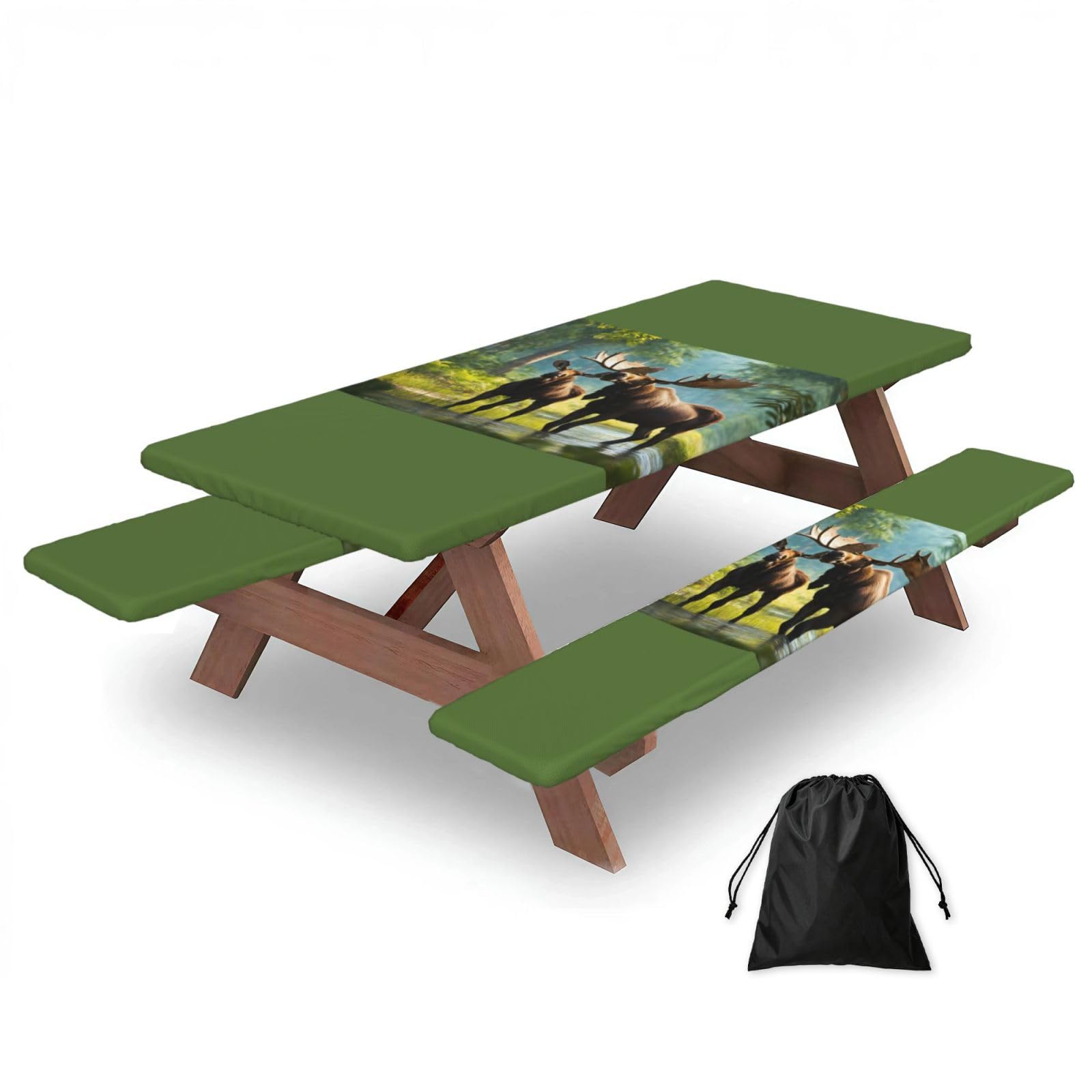 PPHGUT Deer Bear Moose Print Picnic Table Bench Cover Set Outdoor Garden Bbq Protector For Family Camping
