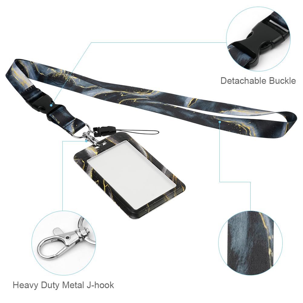 Vicloon 2Pcs ID Badge Holder with Retractable Reel and Detachable Lanyard Strap Hard Card Protector for Women Teacher Student (Black Marble) - Image 4