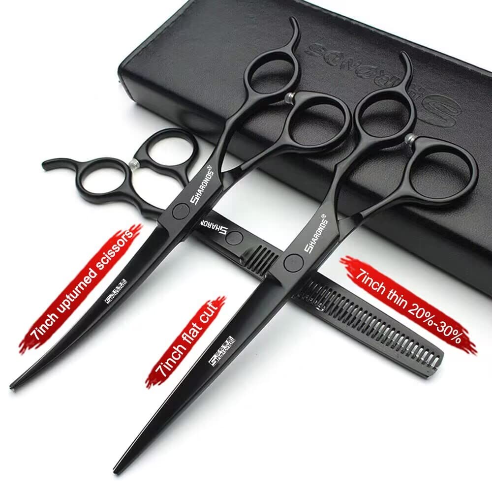 Conjunto profesional de corte de pelo y Corte de pelo - Negro - Acero inoxidable j44c 5,5 "/ 6" 7/7,5 pulgadas (7 pulgadas y 3 piezas)