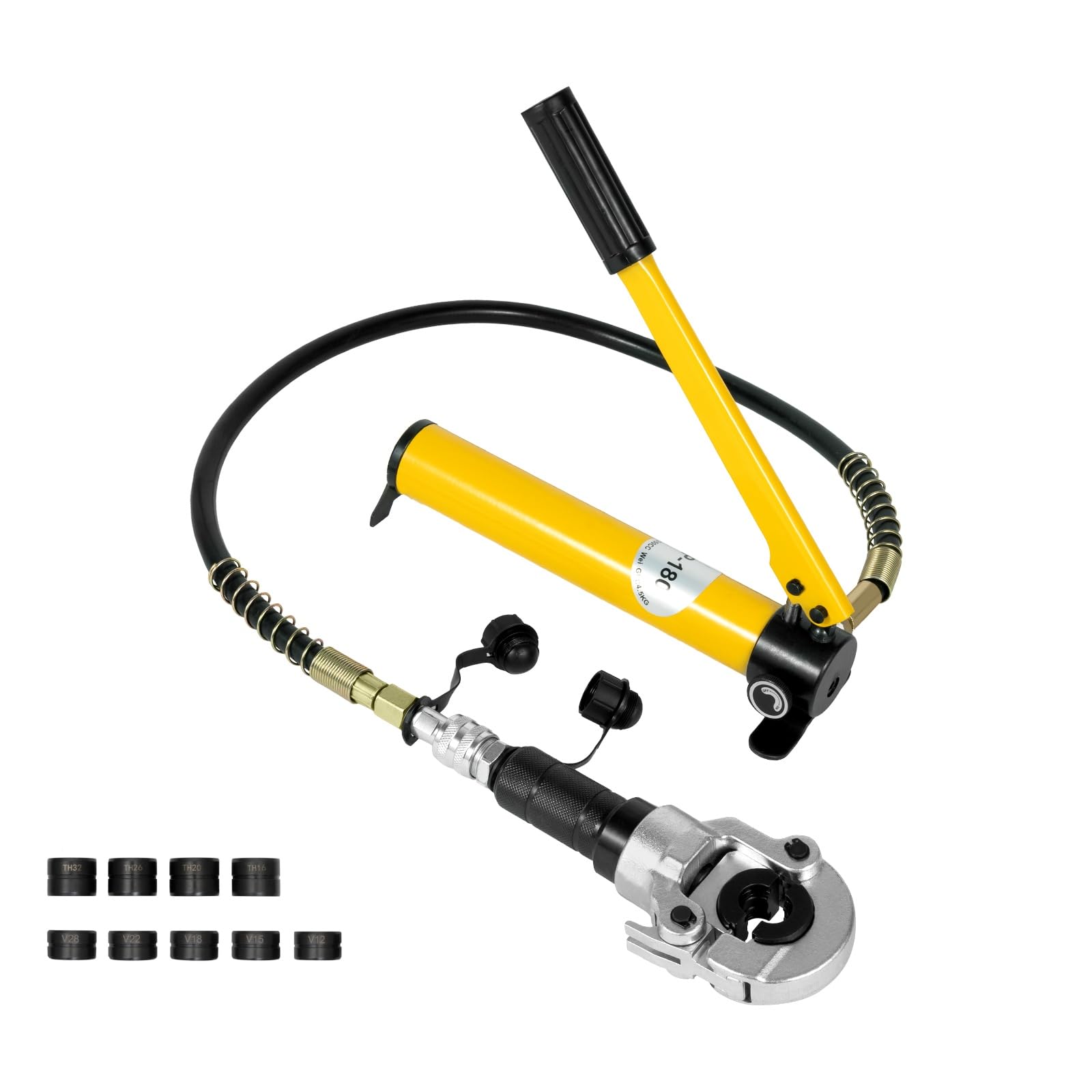 Alicates hidráulicos 6T 360° 9 matrices V/TH 12-32mm cobre PEX | Alicates hidráulicos 6T, cabeza 360°, 9 matrices V 12-28mm y TH 16-32mm, manguera 113cm, carcasa, cobre PEX.