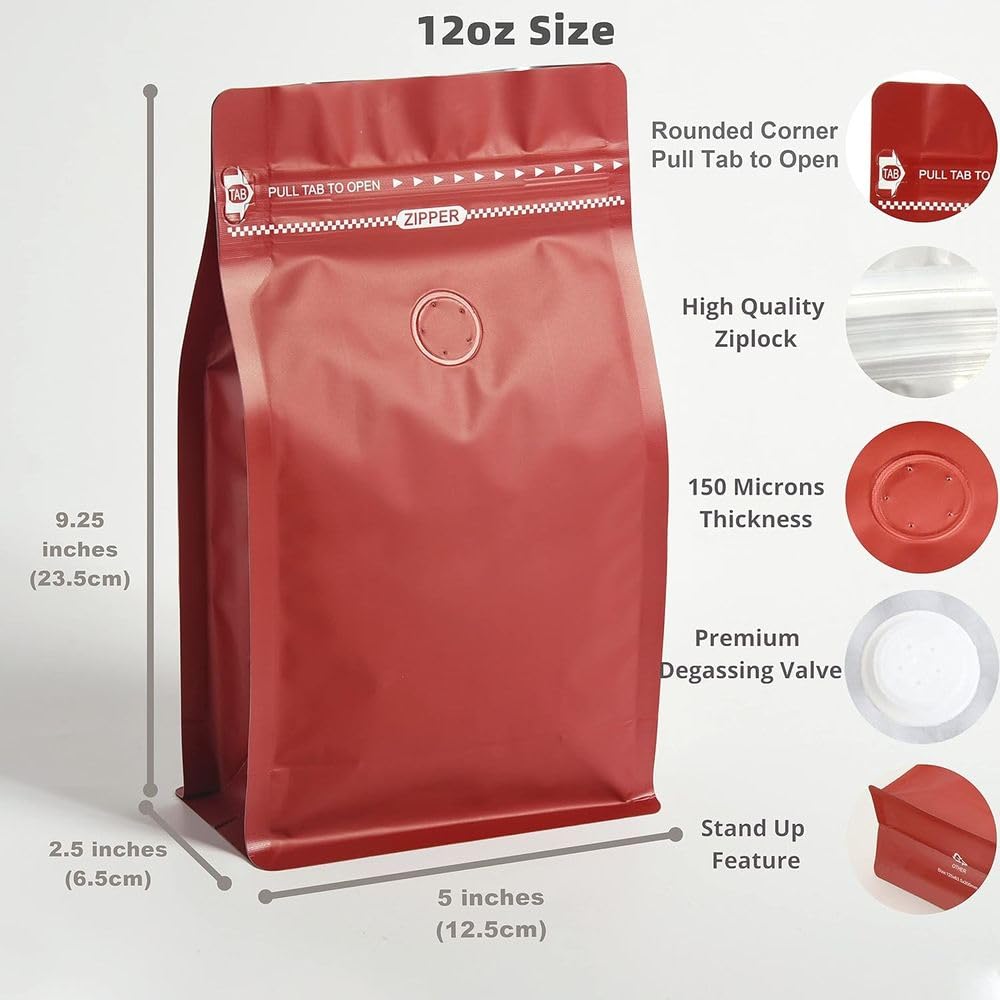 Bolsas de café con válvula 50 bolsas rojas 12 oz revestimiento aceite, alta barrera for desgasificación, almacenamiento alimentos cierre hermético pestaña for tirar, paquete