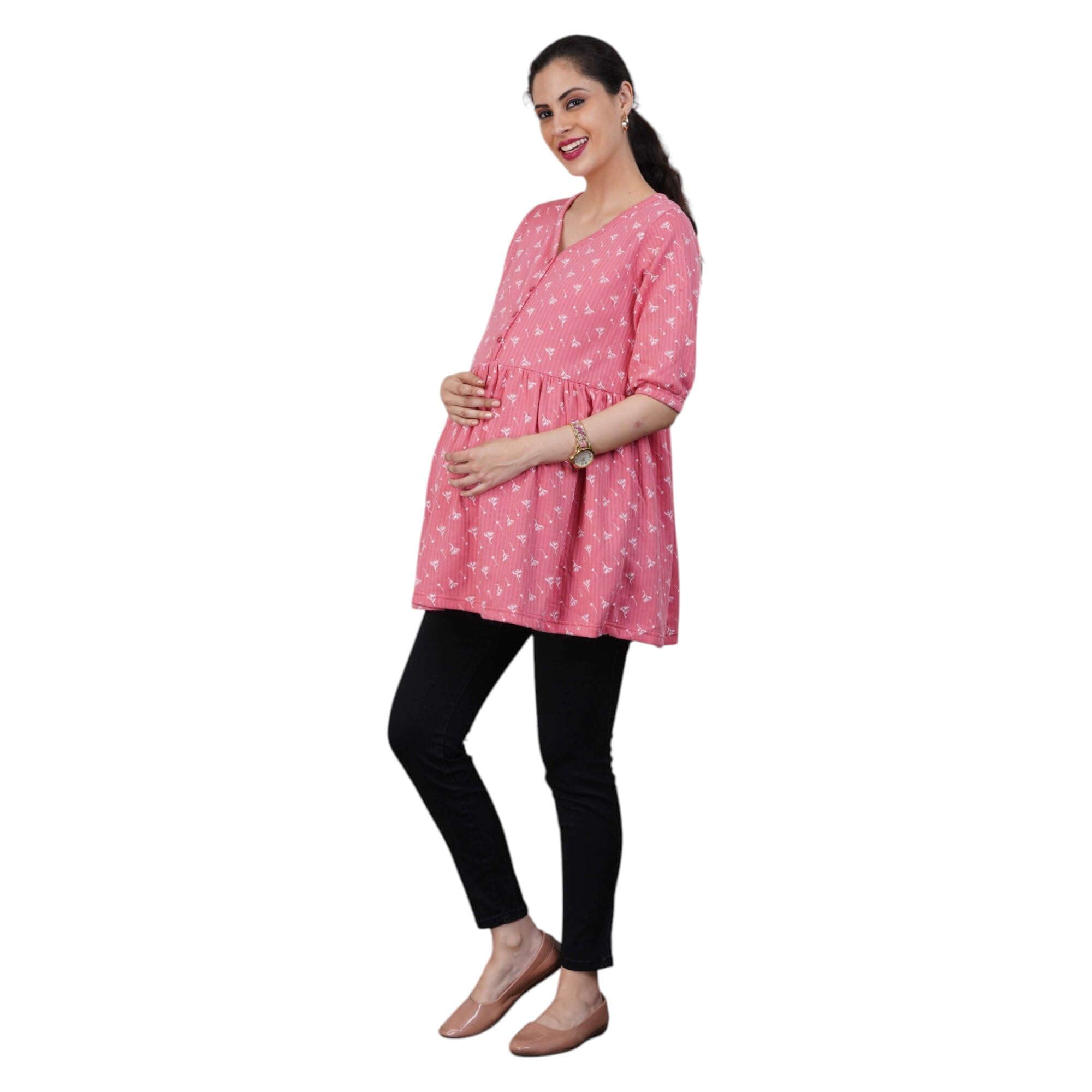 Maternity Tunic for Women | 100% Cotton Feeding Top with Buttons | Half Sleeve V-Neck Pregnancy & Nursing Wear (S–XXXL)-image-2