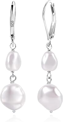 14K Gold Pearl Dangle Earrings for Women,925 Sterling Silver Double Pearl Drop Earrings,Leverback Irregular Pearl Hypoallergenic Earrings