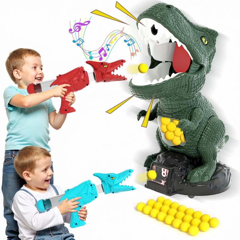 BLmukce Dinosaur Shooting Toys for Boys 3 4 5 6 7 Years Old 2 Air Pump Launchers Movable Target & 48 Foam Balls with LED Score & Sound Christmas/Birthday Gift for Toddlers (DARK GEEEN)