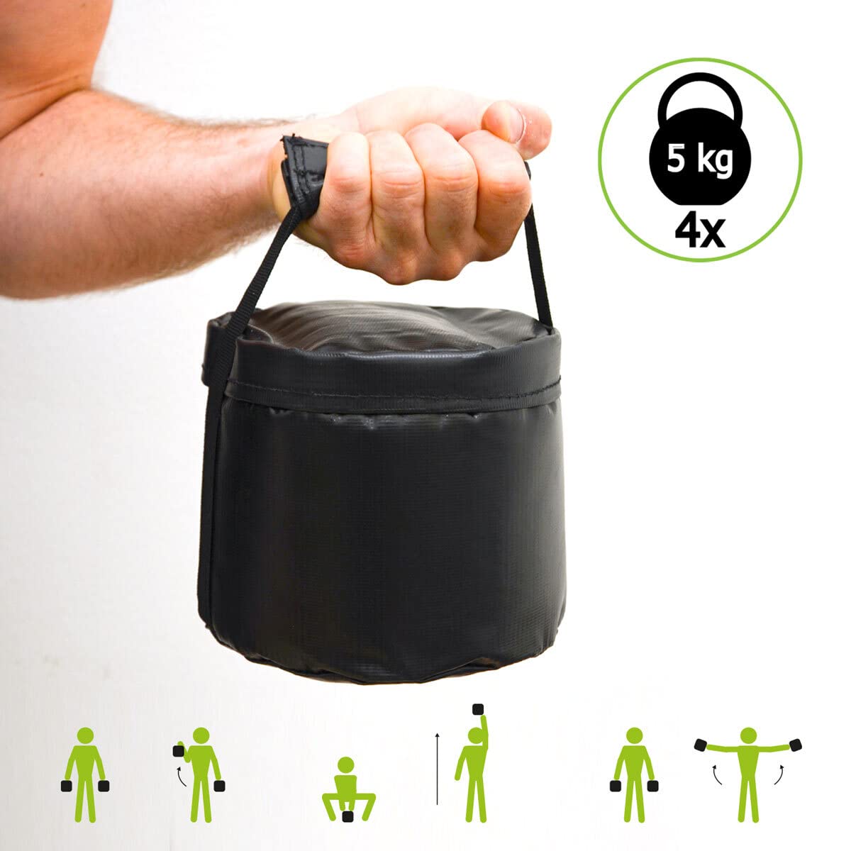 EYEPOWER 20kg Power Bag + 4 Pesi Kettlebell con Sabbia di Ferro - 6 Maniglie Fitness Sandbag per Allenamento Forza - 20x60 Borsa del Peso - Sand Bag per Sport in Casa - Attrezzi Palestra Box Squat