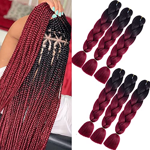 Cabello trenzado sintético para caja trenzas de ganchillo ombre negro-rojo