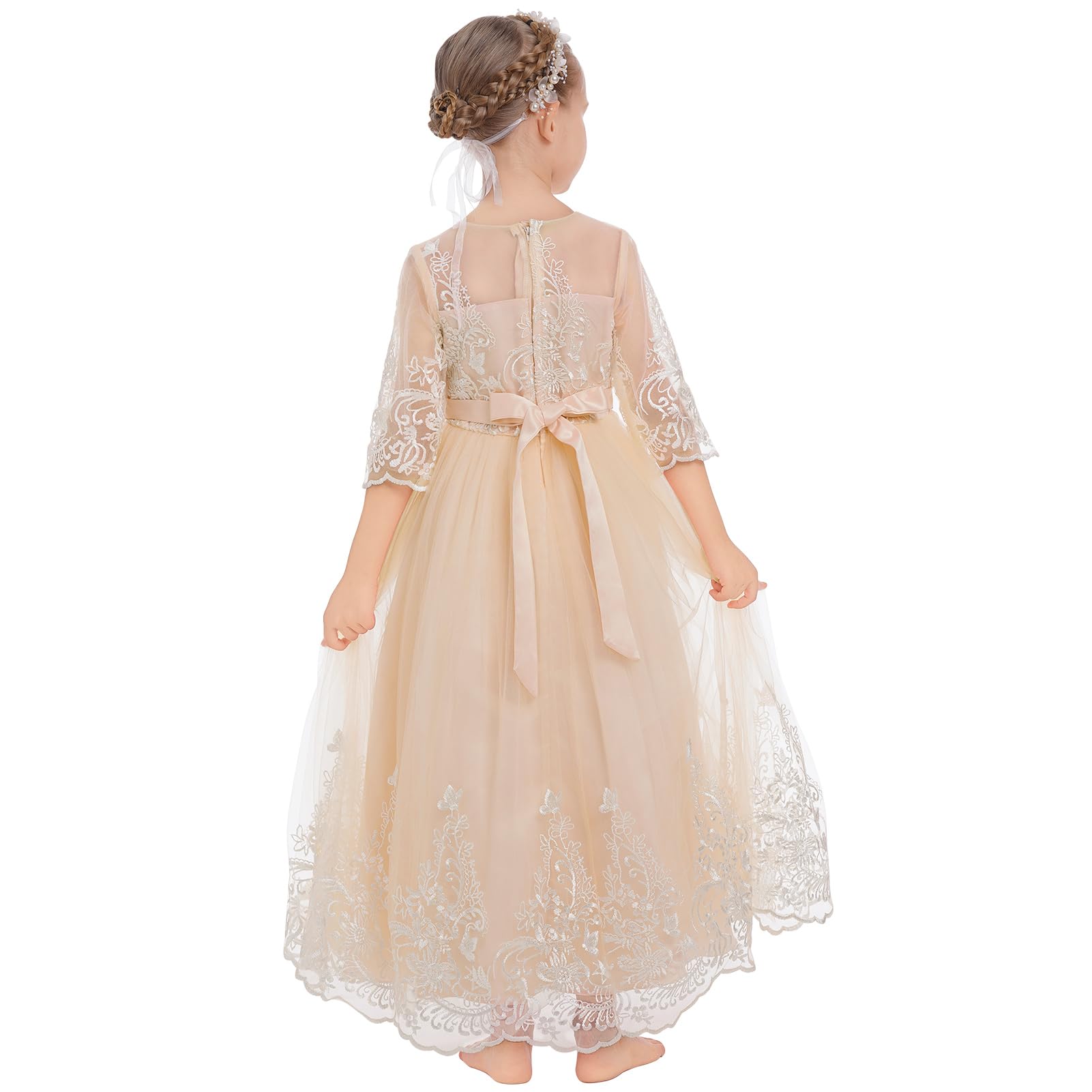Odizli Vestidos de niña de flores para niñas con mangas 3/4, bordado de princesa, vestido de línea A, vestido festivo, boda, vestido largo de baile