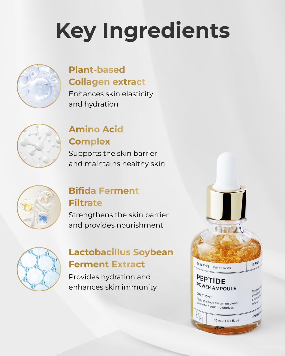 BOM COSMETICS Peptide Power Ampoule 1.01 Fl Oz, Penta-Peptide with 24k Gold Thread and 99% Pure Gold for Skin Collagen Boost, Firming Serum to Improve Elasticity and Radiance, Korean Skin Care - Image 4