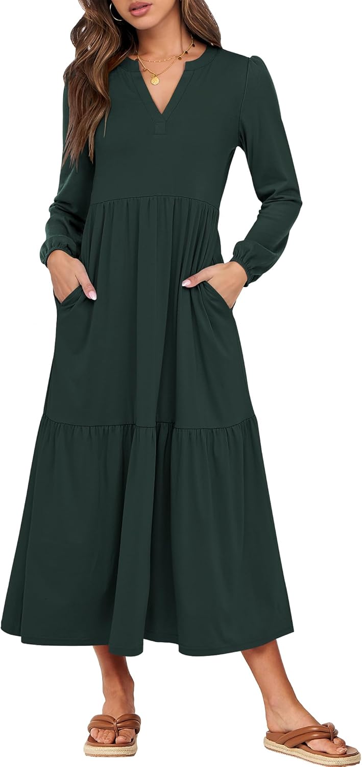 ANRABESS Women’s Long Sleeve Maxi Dresses 2025 Fall Casual V Neck Flowy Tiered Boho Modest Trendy Vacation Dress with Pockets