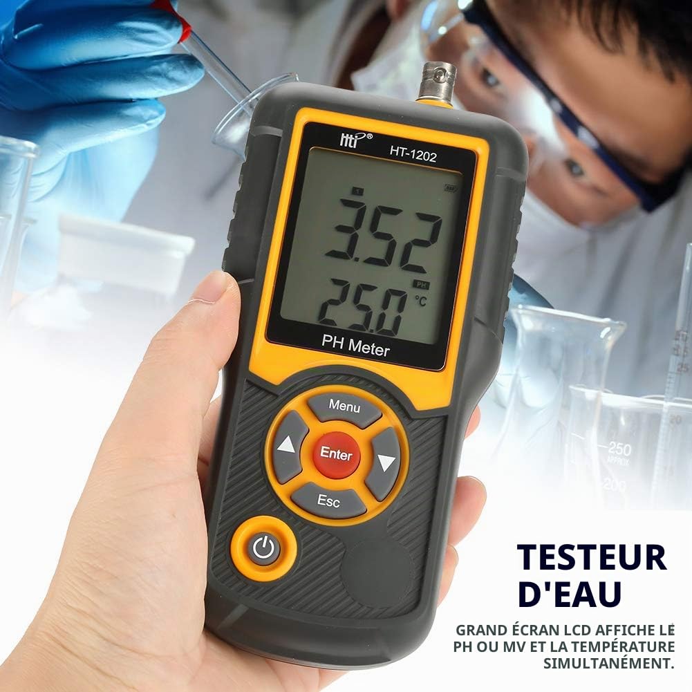HT-1202 pH-mètre,Mini PH Mètre Électronique Digital Professionnel - avec une précision de mesure élevée et avec grands écrans LCD affichent simultanément PH ou mV et la température