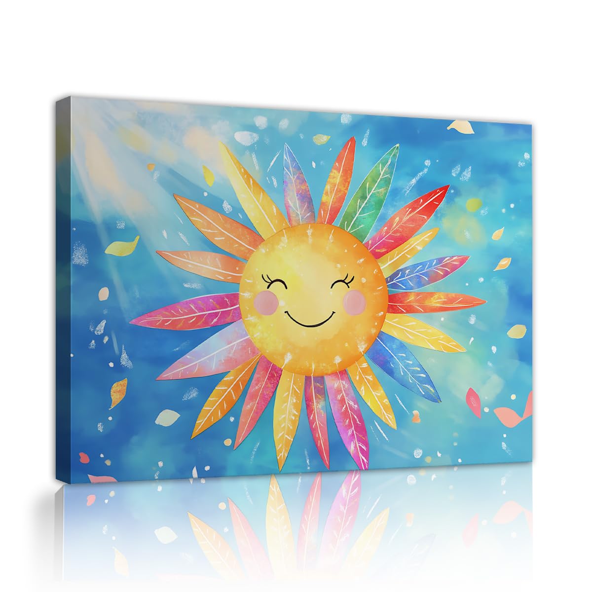 TOANGWALL Smiling Sun Canvas Wall Art Colorful Rainbow Petals Painting Blue Sky Backdrop Mural Pictures Artwork Modern Framed Poster Prints For Nursery Playroom Decor 70x100cm