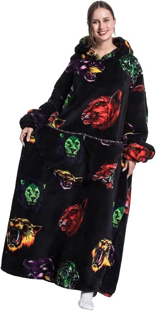 miuline Oversized Blanket Hoodie Extra Long Wearable Throw with Pockets Sleeves Winter Warm Cosy Flannel Blanket Comfortable Soft Wearable Sweatshirt for Adult Men Women, 140cm(Beast Head)