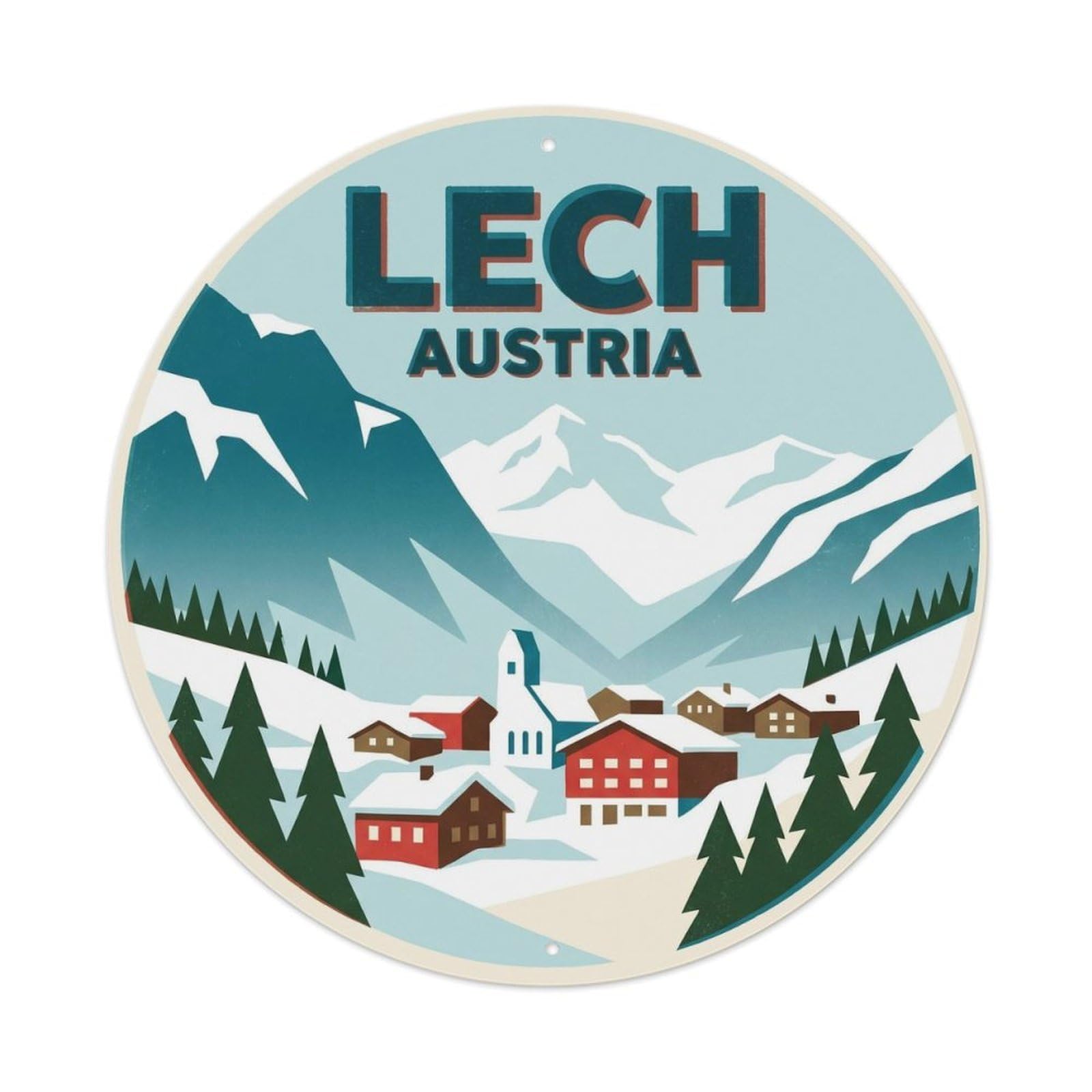 Lech Austria Mountain Village Classic Alpine Ski Travel Metal Tin Sign Plaque Wall Decor for Cafe, Man Cave, Club Bar, Office, Home Garden Round Metal Poster 8x8Inch