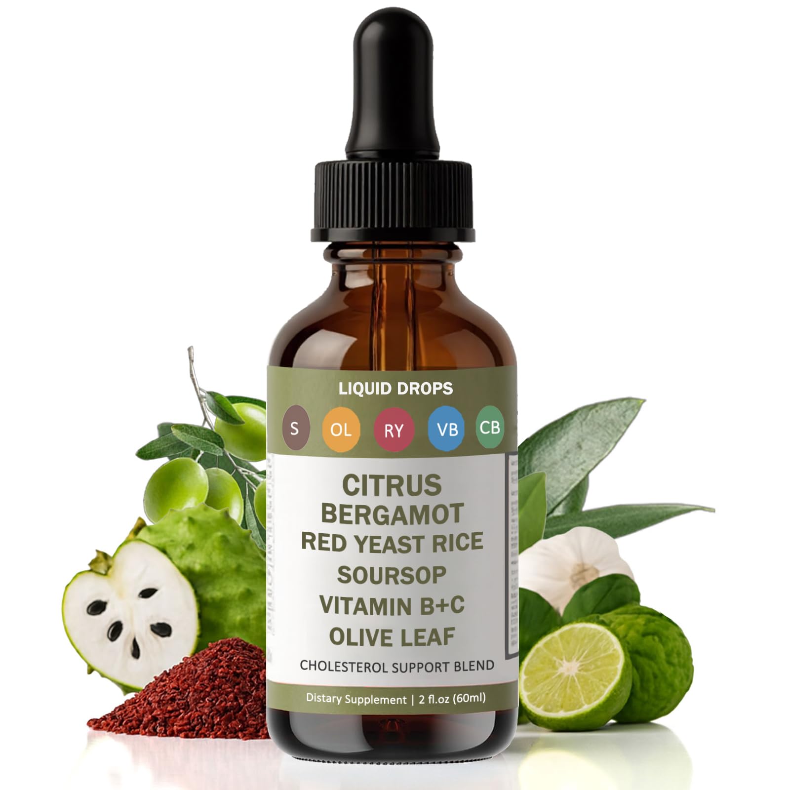 Red Yeast Rice Drops - Cholesterol Support Blend with Citrus Bergamot, Red Yeast Rice, Soursop, Olive Leaf & Vitamin B+C, Natural, Non-GMO, Vegan, Dietary Supplement, 2 fl oz
