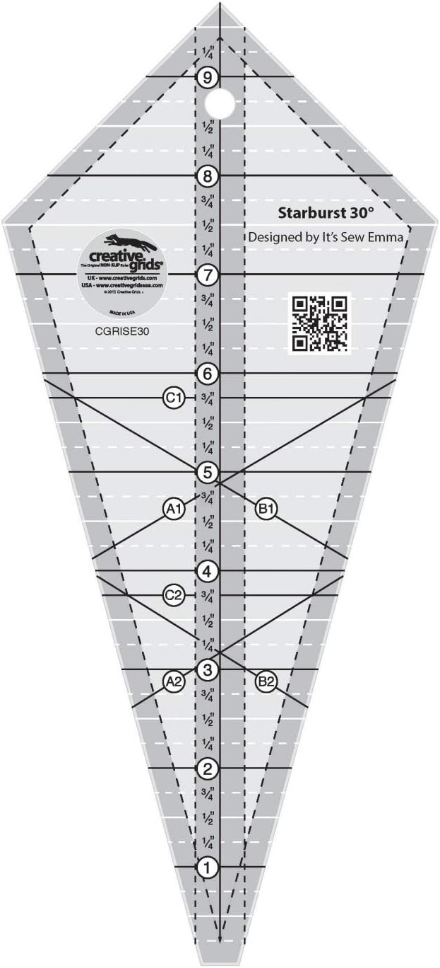 Creative Grids Starburst 30 Degree Triangle Quilt 9-1/2in Ruler – CGRISE30 – Made in USA, 4-1/2in x 9-3/4in, Non-Slip Grip Acrylic Quilting, Sewing, Crafting, Patchwork Ruler & Template