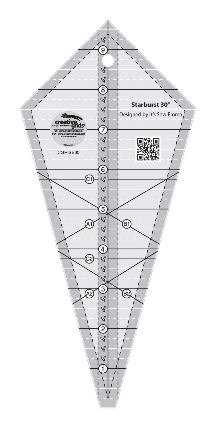 Creative Grids Starburst 30 Degree Triangle Quilt 9-1/2in Ruler – CGRISE30 – Made in USA, 4-1/2in x 9-3/4in, Non-Slip Grip Acrylic Quilting, Sewing, Crafting, Patchwork Ruler & Template