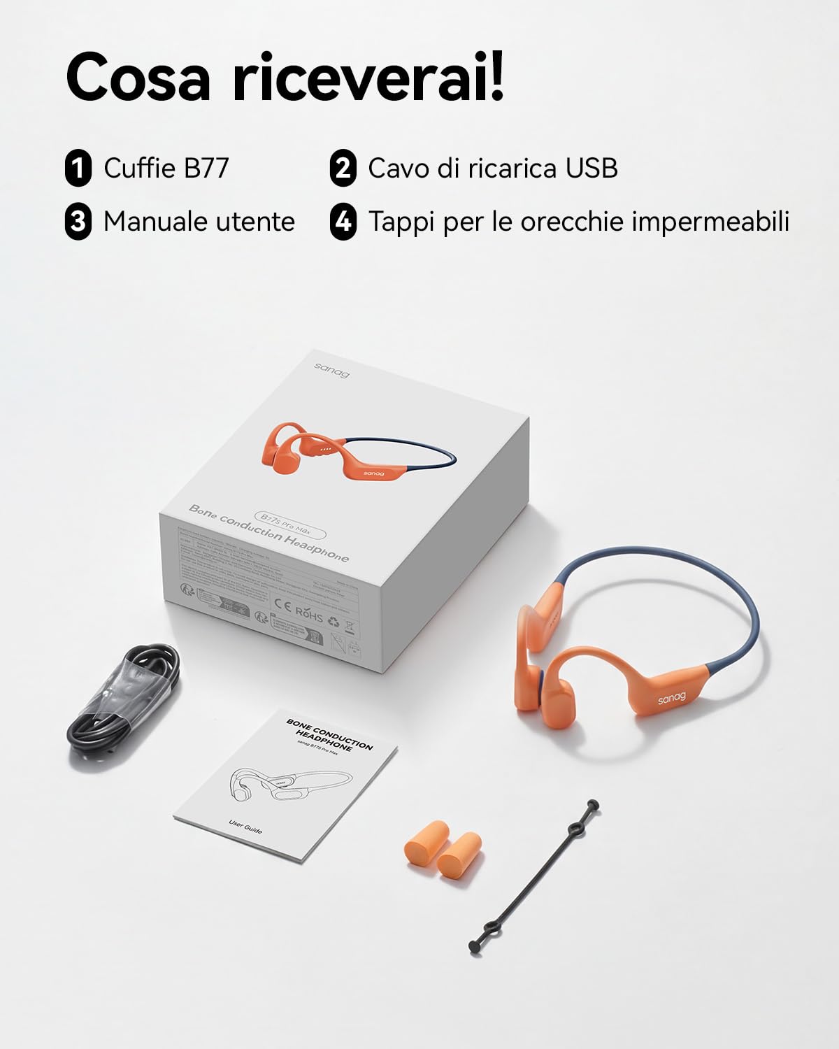 SANAG Cuffie a Conduzione Ossea, IP68 Impermeabili per Nuoto, MP3 Integrato 64GB, Bluetooth 6.0, Rivestimento in Silicone Liquido, Open Ear con AI Noise Cancelling, 9 Ore di Autonomia, Premium Sound