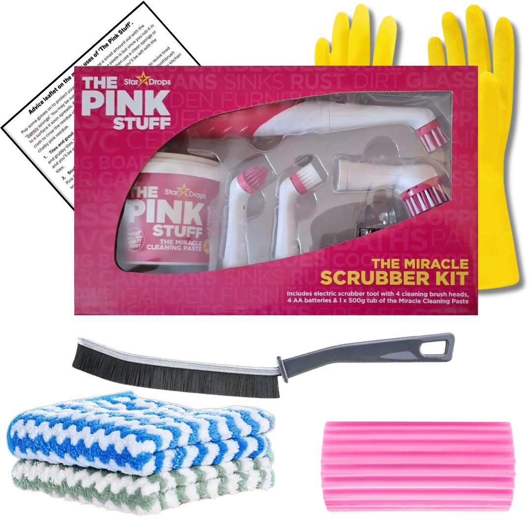 Premium Cleaning Bundle - The Pink Stuff Battery Scrubber, 1. 500g Miracle Cleaning Paste, Pink Damp Duster Sponge, Narrow Gap Brush, 2 Microfiber Cloths, Rubber Gloves, and Advice Leaflet
