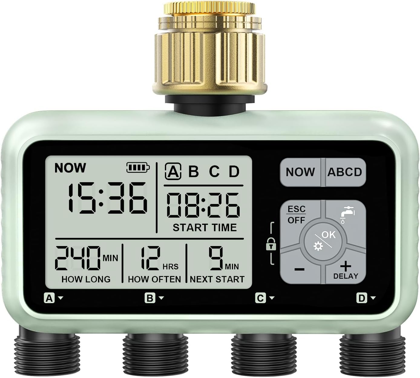 Johgee 4 Zone Water Timer with Brass Inlet for Irrigation Sprinkler Timer 4 Outlet, Garden Hose Timers