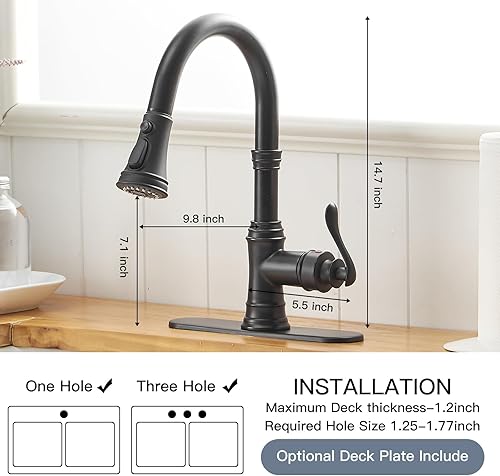 Miniatura 10 de Homevacious Grifo de cocina de níquel cepillado con rociador extraíble, 3 modos de pulverización, manija única, palanca simple, grifo de fregadero