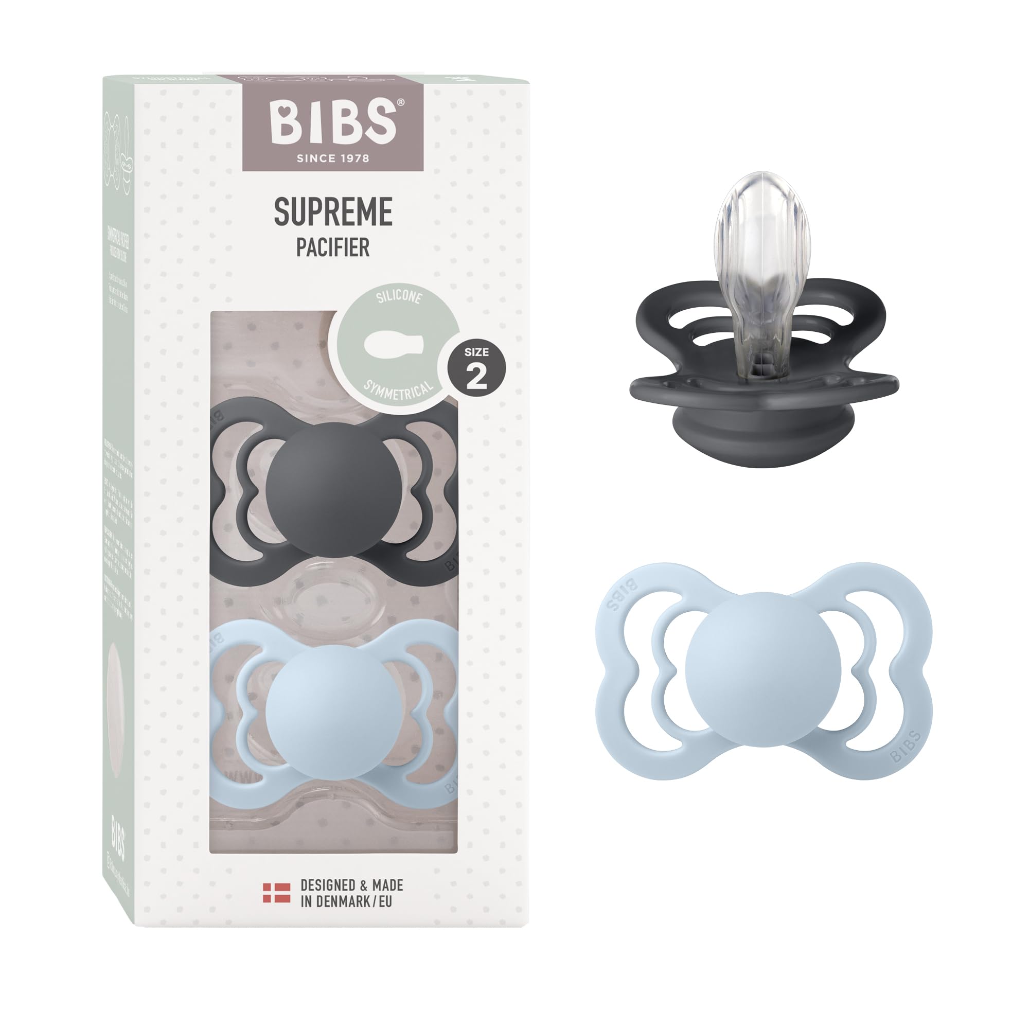 BIBS Pacifiers - Supreme Collection | BPA-Free Baby Pacifier | Made in Denmark | Set of 2 Iron/Baby Blue Color Premium Soothers | Size 6-18 Months