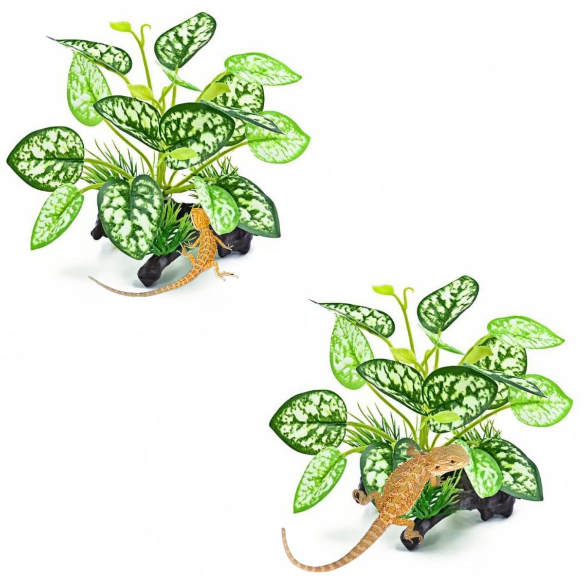 2 pcs Reptile Artificial Plants, Terrarium Plants Decorations Supplies, Amphibian Habitat Hideout Tank Accessories, Rainforest Ground Plant