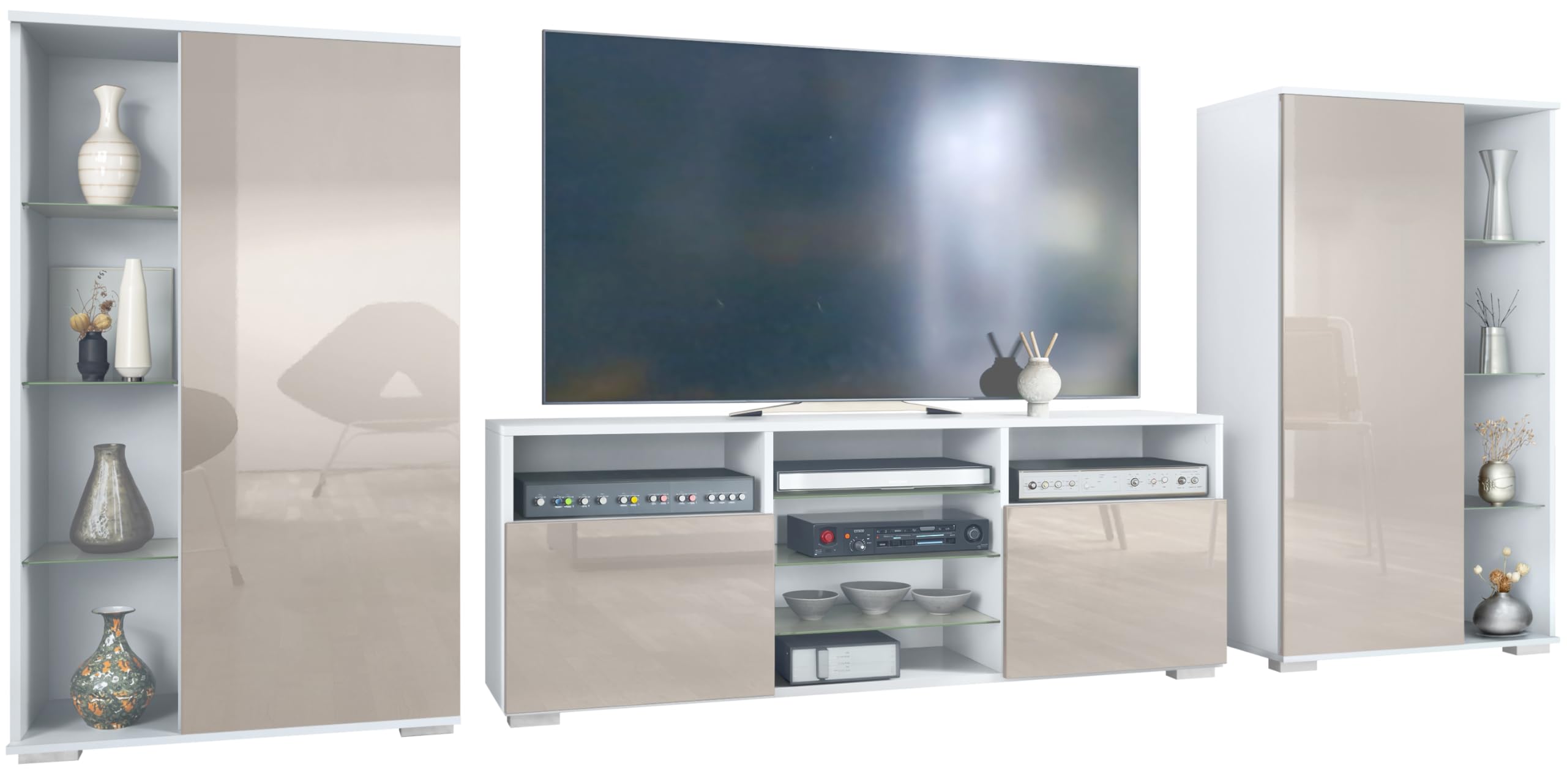 Vladon Wohnwand Davos, Anbauwand bestehend aus 2 Vitrinen und 1 TV-Board, Weiß matt/Sandgrau Hochglanz (329 x 134 x 35 cm)