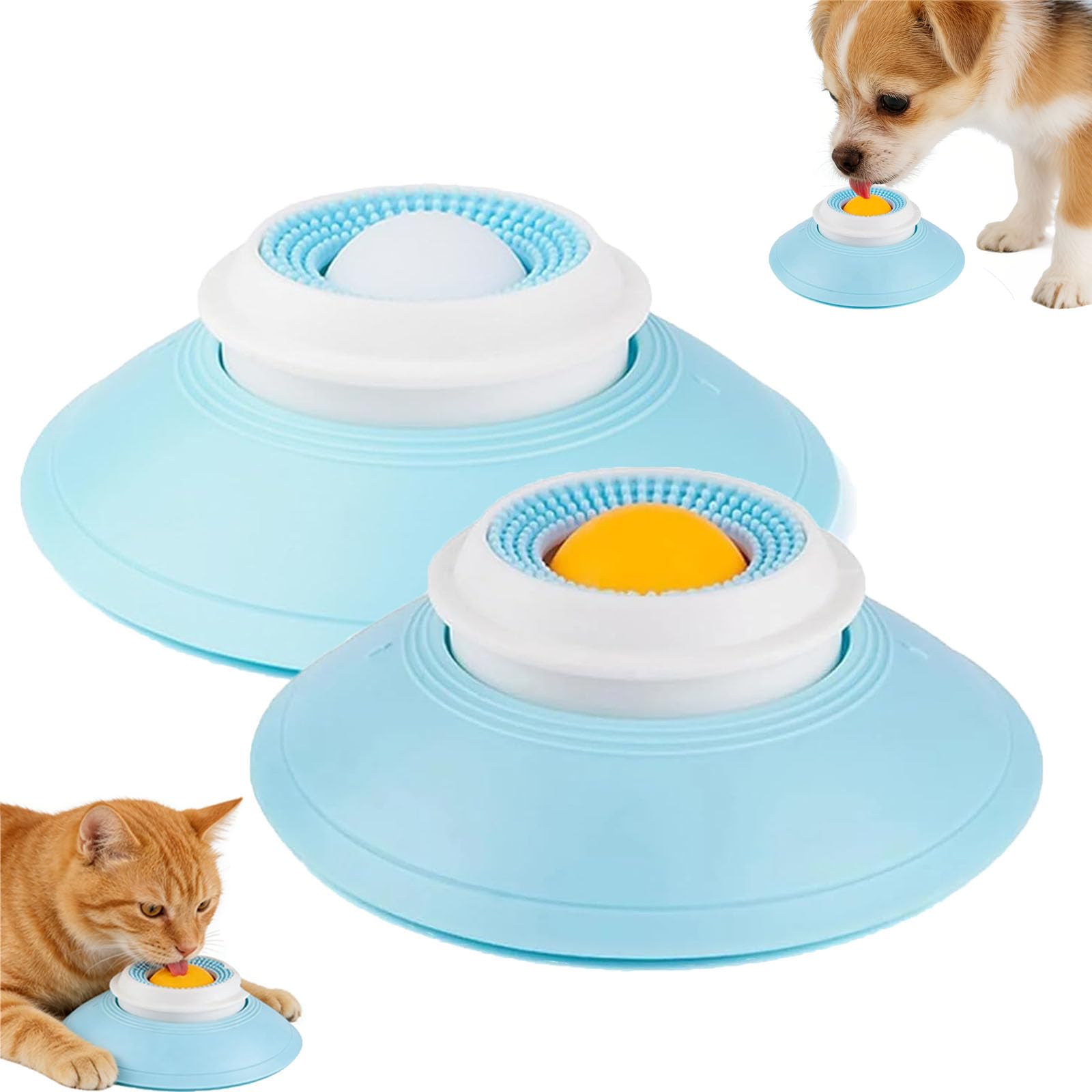 2 Pack Dog Lick Sphere, Lick Sphere Anxiety Relief Dog Bowl, Non-Slip Slow Feeder Bowl for Dogs, Interactive Enrichment Feeding Toys, Healthy Food Container for All Dogs & Cats (White+Yellow)