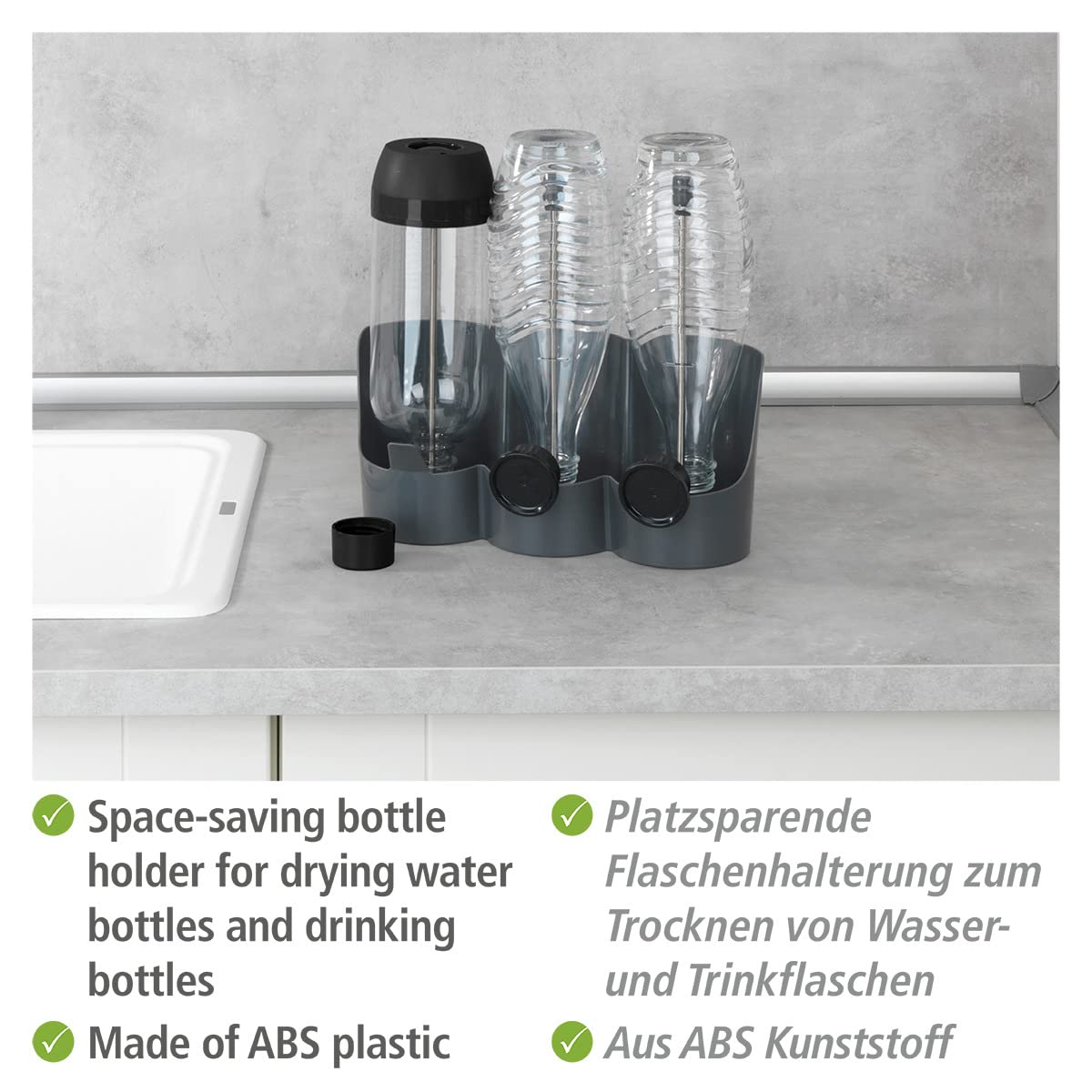 WENKO Portabottiglie Filia, supporto salvaspazio per riporre ad asciugare bottiglie d'acqua e borracce, con rivestimento antiscivolo, ideale per 3 bottiglie, 29 x 27 x 12,5 cm, in plastica ABS