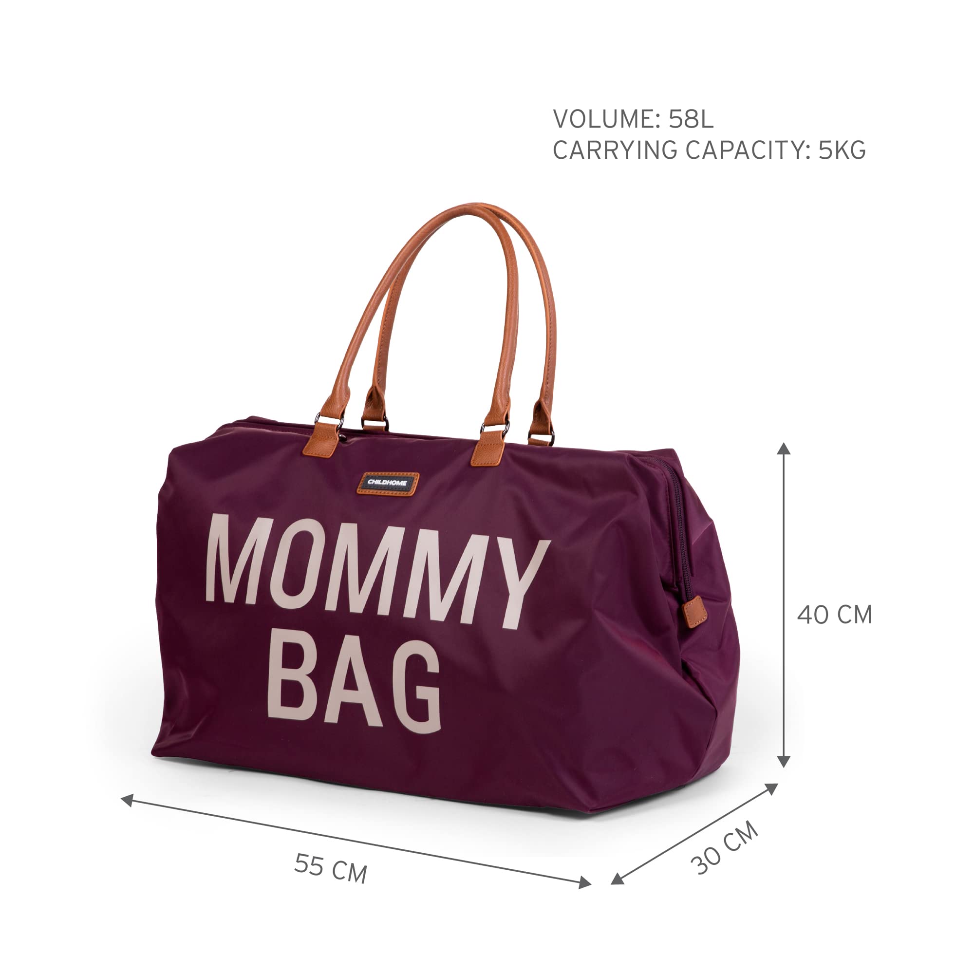 Childhome, Mommy Bag, torba na pieluchy, dla kobiet w ciąży, torba podróżna, duża pojemność, mata do przewijania, regulowany pasek na ramię, izolowana kieszeń, przejście na walizkę, bakłażan