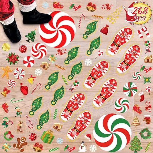 268PCS Christmas Peppermint Floor Clings Footprints Decorations - Santa Claus/Elf/Candy/Snowman Decals Xmas Party Decor Supplies