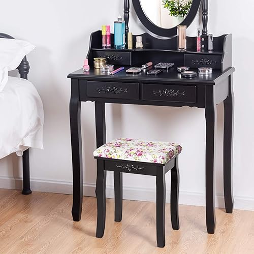 Miniatura 2 de Giantex Taburete de tocador de madera, silla acolchada, asiento de piano de maquillaje, banco de maquillaje con cojín rosa (negro)