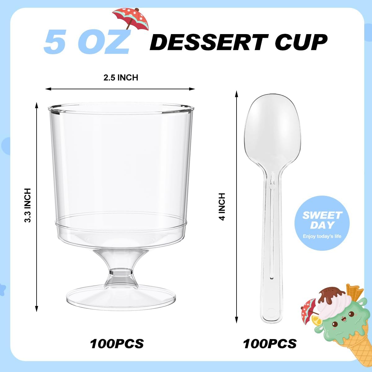 200 Pack Dessert Cups with Spoons,5Oz Clear Plastic Parfait Cup,Disposable Appetizer Cups Mini Shooter Cups for Fruit Ice Cream Mousse Pudding and Party - Image 2