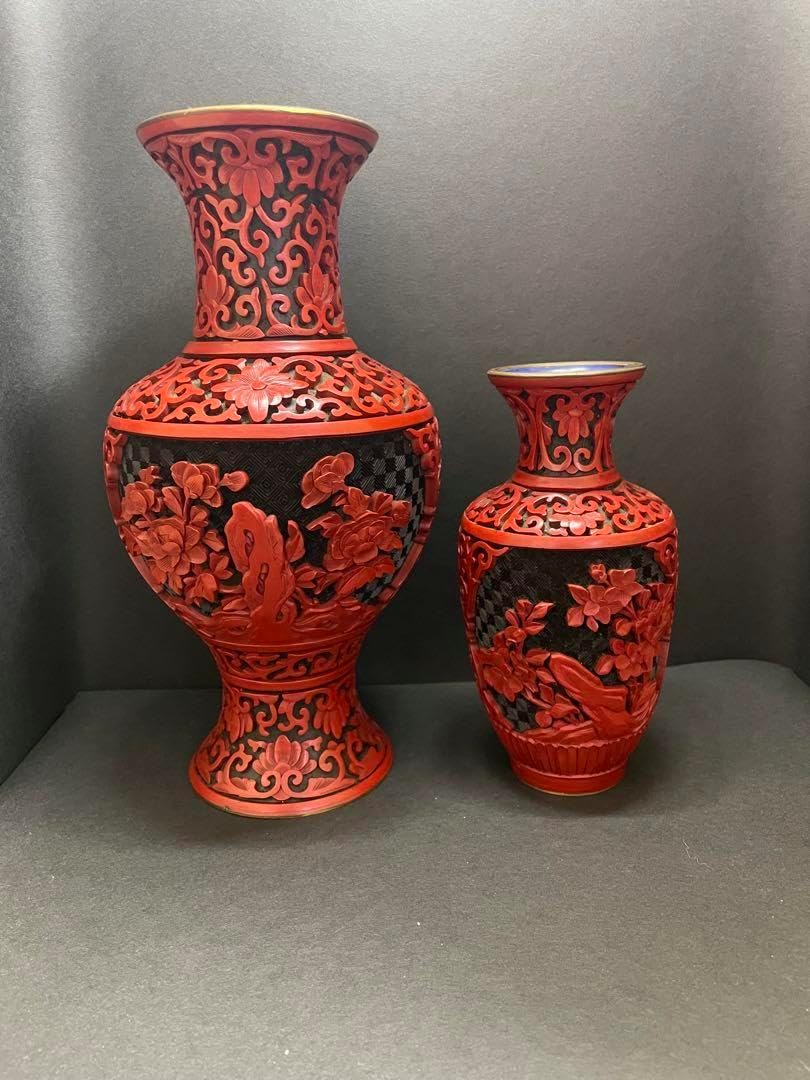 骨董品堆朱花瓶 セット販売 骨董品 細密彫刻 中国美術漆工芸 花入