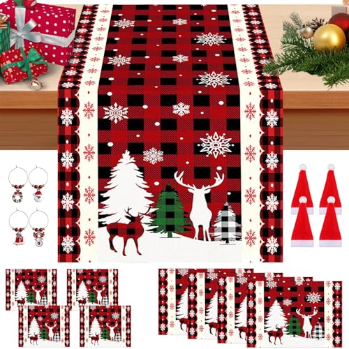 Camino de Mesa 17 en 1 para Navidad y Cuatro manteles Individuales, marcadores de Cristal, Camino de Mesa Festivo, decoración de Navidad, decoración Fiestas, 2