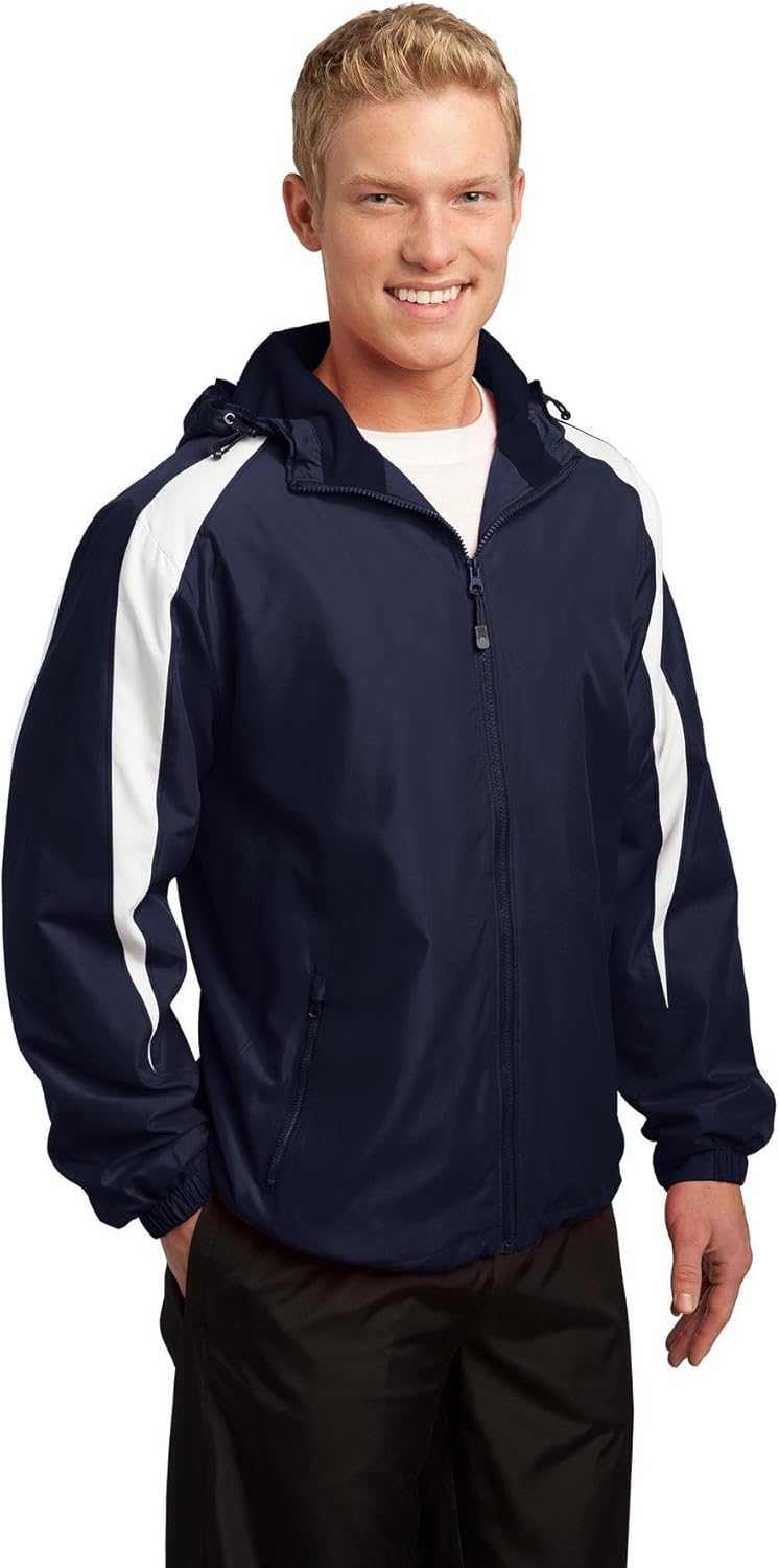 SPORT-TEK Unisex Fleece-Lined Colorblock Jacket | Warm Windbreaker Jacket for Men & Women, Water Resistant Zip Up Hoodie, True Navy/White, Small - Image 4