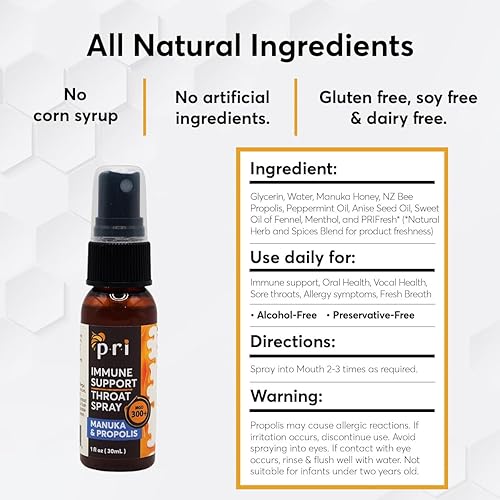 Miniatura 5 de P.R.I Spray de propóleo para la garganta con miel de manuka, dolor de garganta y apoyo inmunológico, sabor a menta fresca, 1 onza