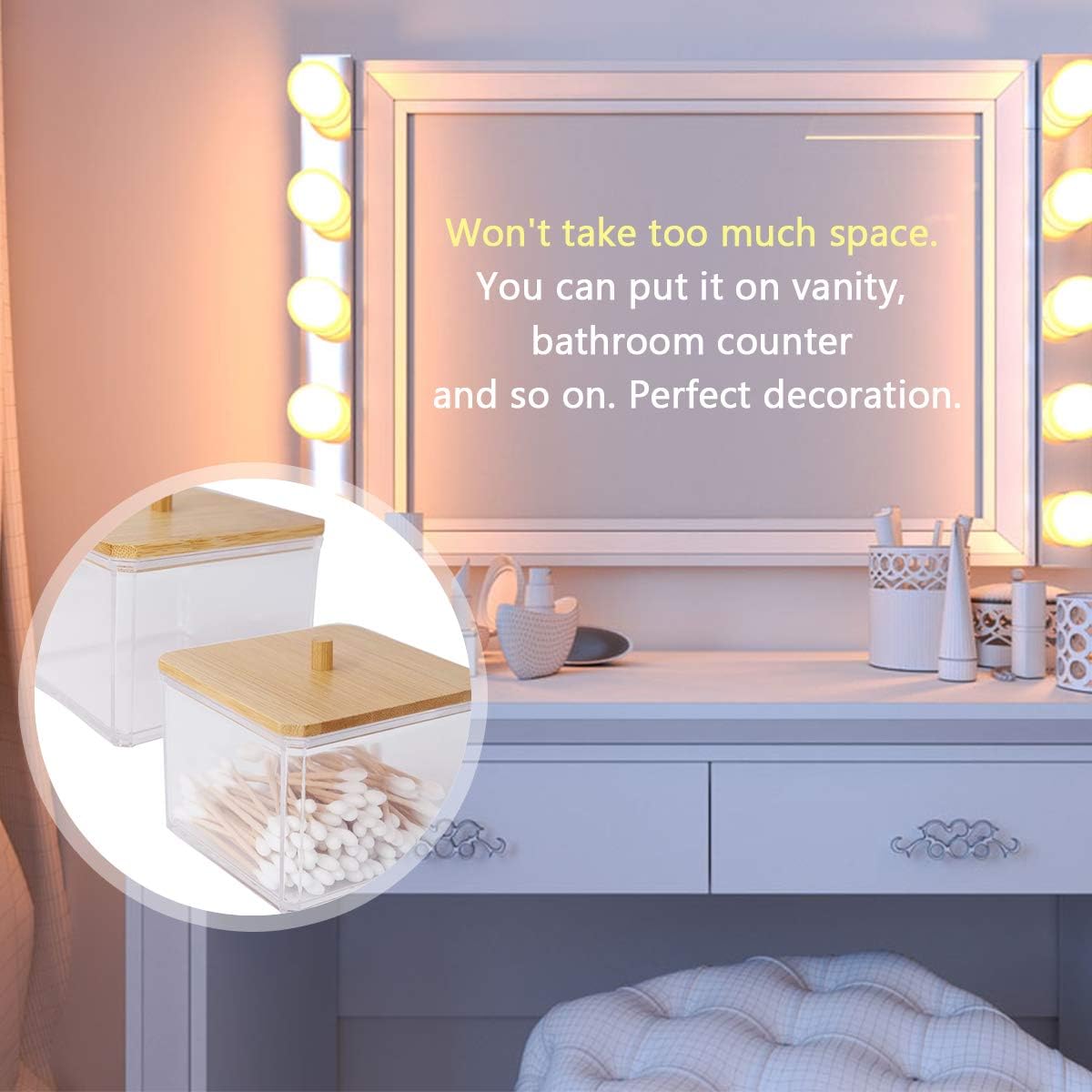 Atych Qtip Dispenser Holder Bathroom Vanity Organizer Apothecary Jars Canister Set with Bamboo lid for Cotton Ball,Cotton Swab,Q-Tips,Cotton Rounds,Bath Salts (Square 2 Pack) : Home & Kitchen