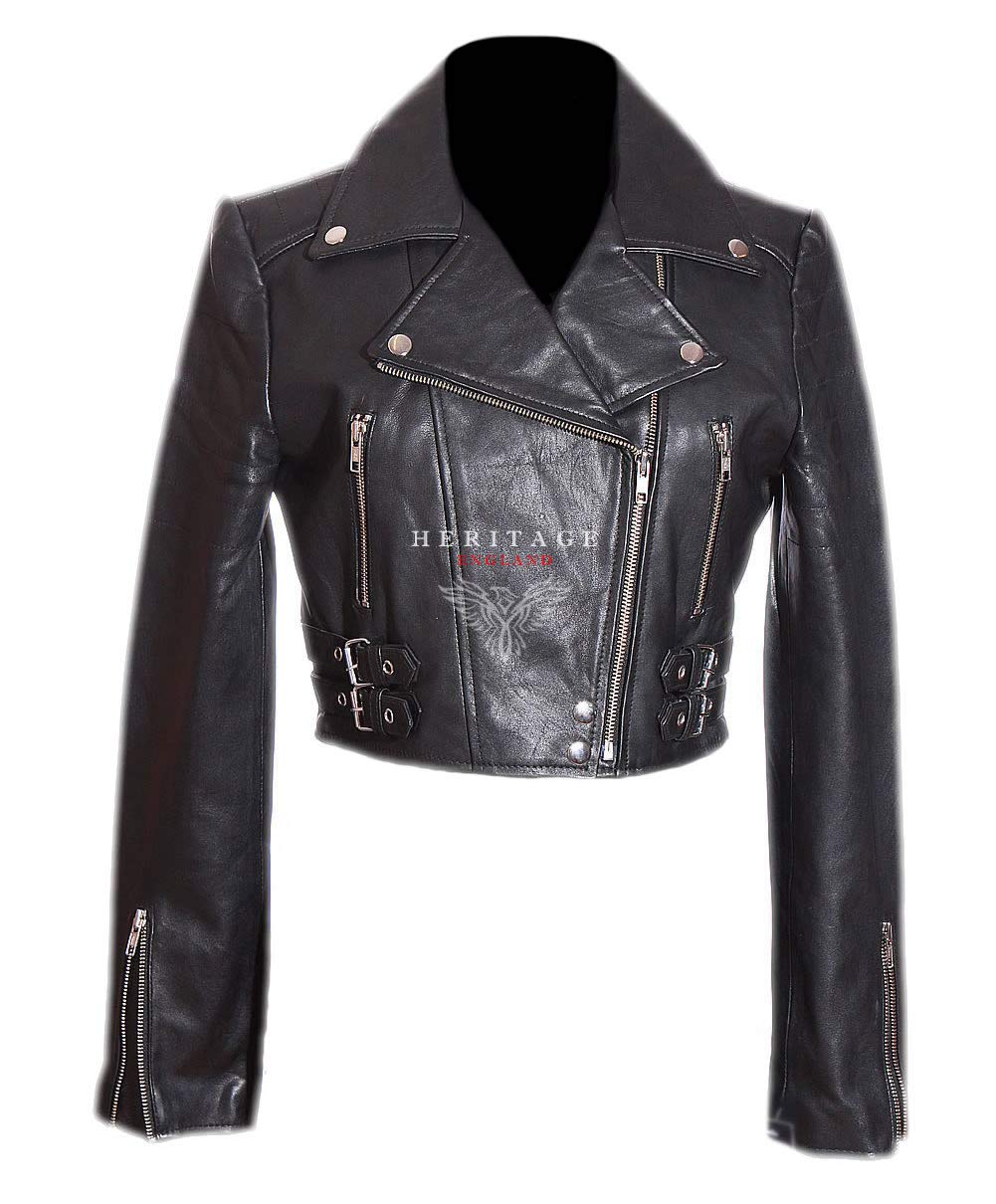 H.e Women's Black Missy Cropped Biker Style Double Breasted Retro Designer Real Soft Washed Lambskin Leather Fashion Short Jacket (18)