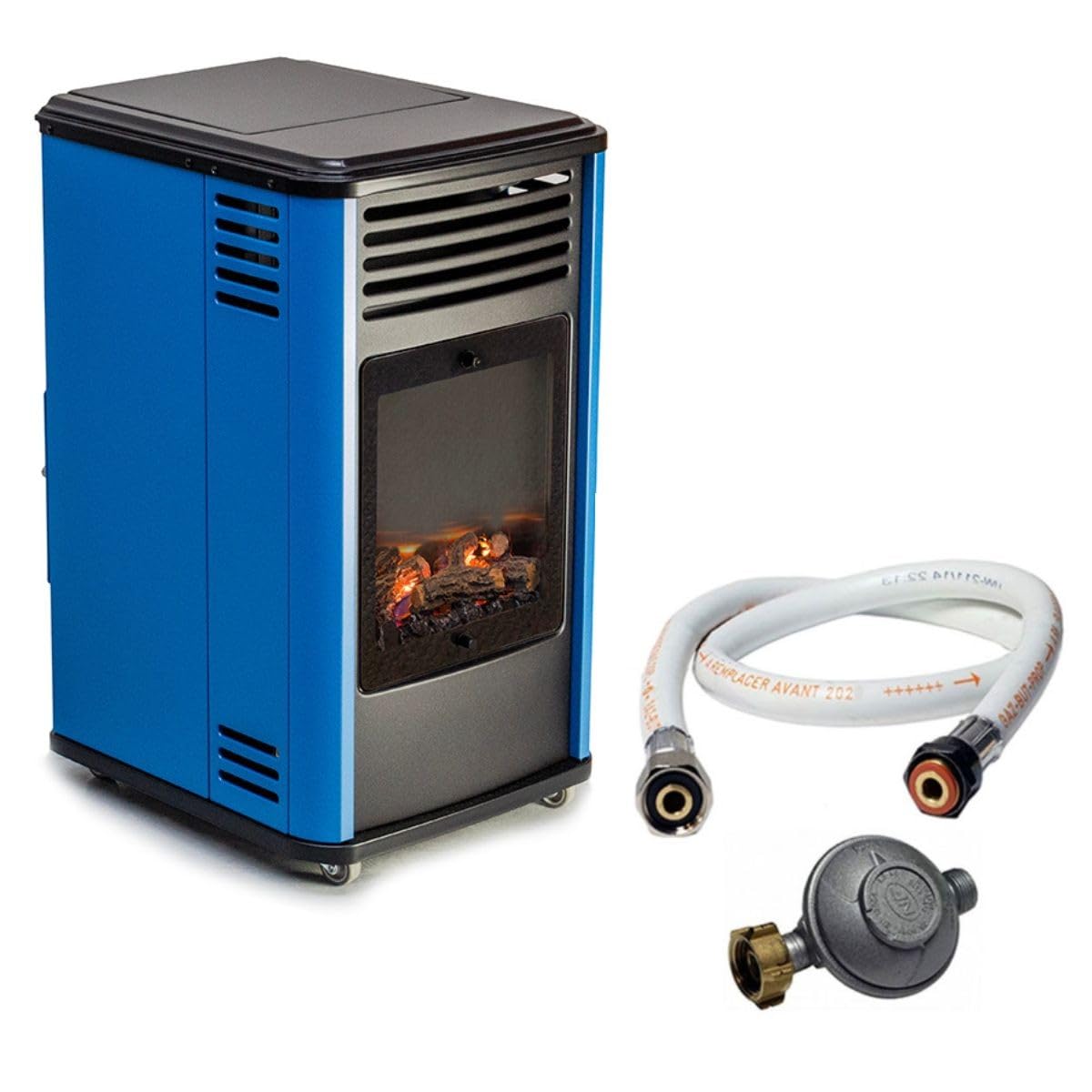Sahara - Poêle à gaz 3,4KW Bleu et Noir Effet poêle à Bois Manhattan Chauffage d'appoint + Tuyau gaz + Détendeur Butane
