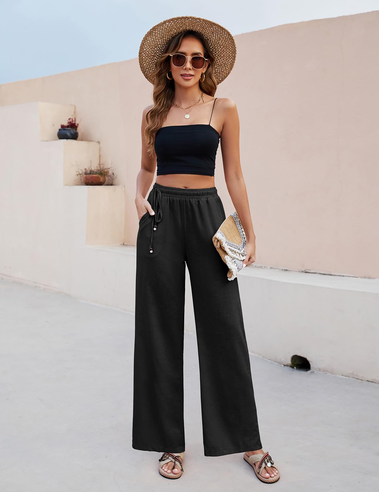PASUDA Pantaloni Donna Pantaloni in Lino Estivi Larghi da Donna Eleganti Elastico Vita Alta Pantaloni Gamba Dritta Casual Leggeri Pantalone con Tasche e Coulisse Laterale