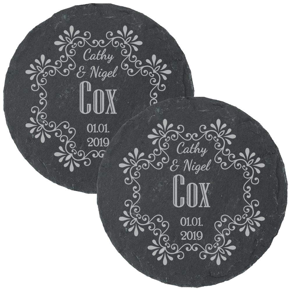 Personalised Engraved Round Slate Wedding Coaster with Names Set of 2
