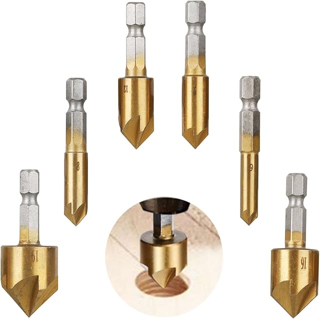 CEEYSEE 6 Pcs Hex Countersink Drill Bit Set 5 Flute 90 Degree Center Countersink Bits for Wood Quick Change Bit 6mm-19mm