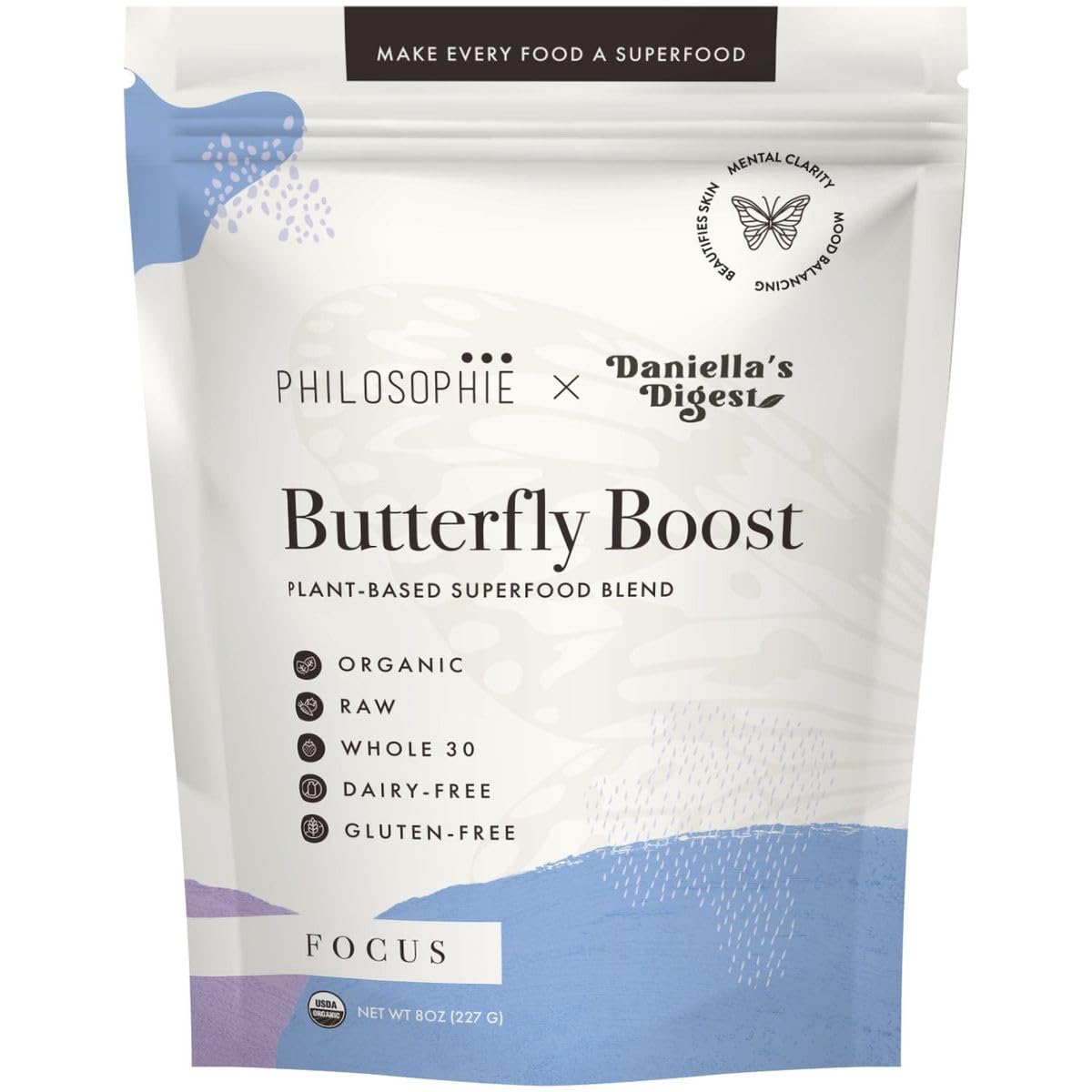 PhilosophieButterfly Boost Plant-Based Superfood Blend - Adaptogen Blend w/Butterfly Pea Flower, Ashwagandha & Maca Root - Improves Brain Function, Focus, Energy, Supports Healthy Body and Digestion