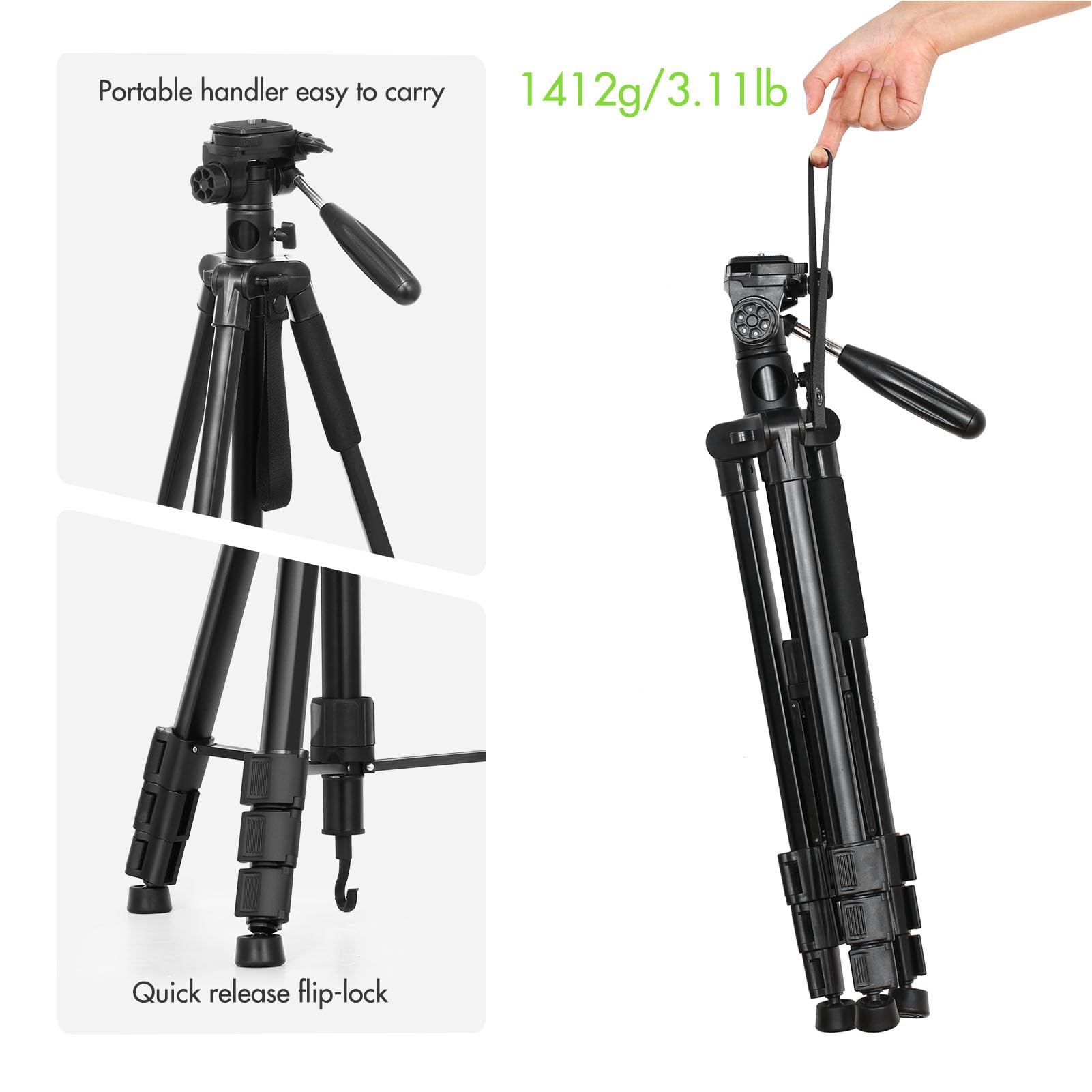 Soporte para Trípode para Cámara, Aleación de Aluminio Ligera de 168CM, Carga Portátil 5KG con Clip Teléfono DSLR, Videocámaras y Más