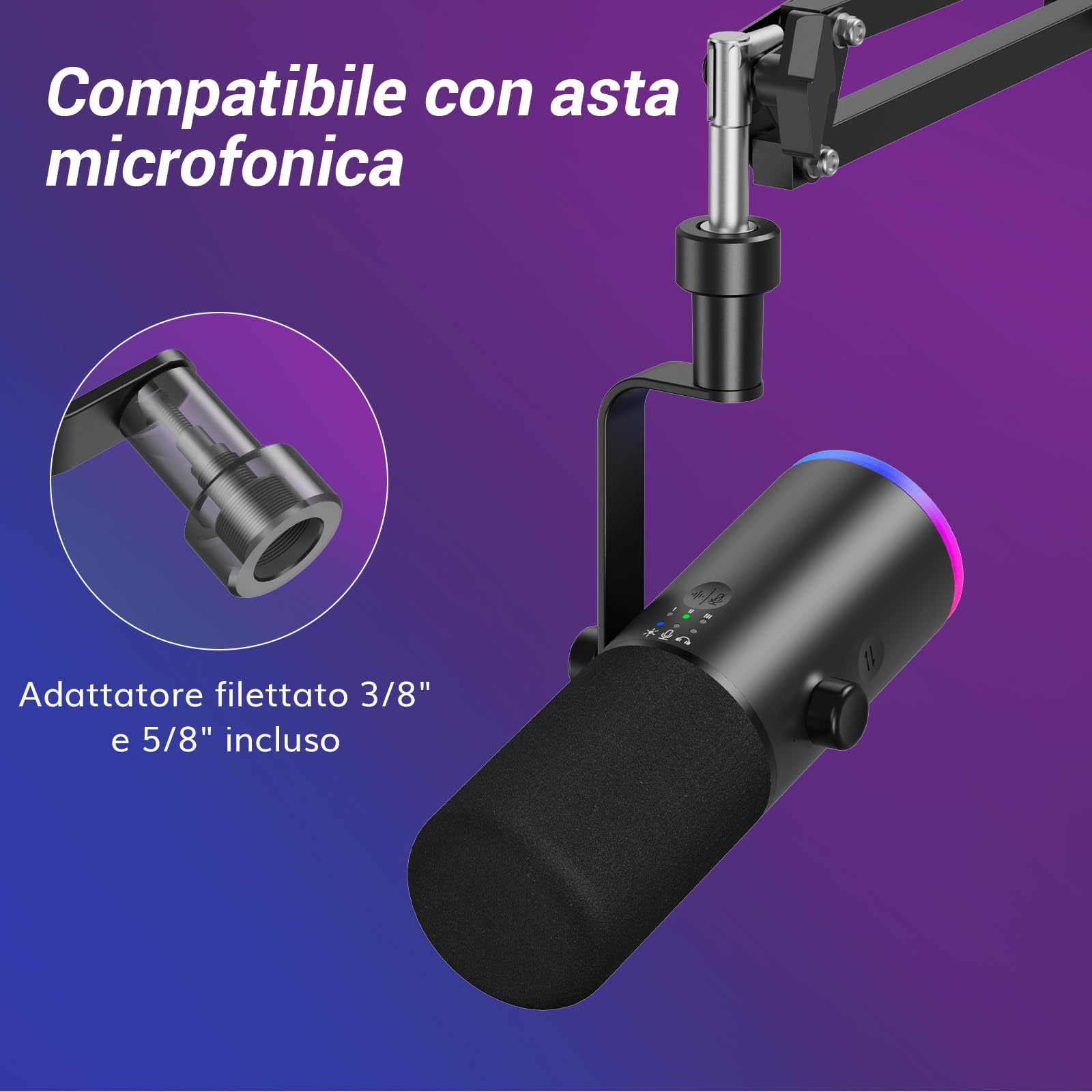TONOR Microfono Gaming Dinamico per PC, Microfono Cardioide Streaming XLR/USB con supporto da tavolo per Podcasting/Studio, Cancellazione Rumore IA,RGB Controllabile,Jack Cuffie 3,5 mm,Nero,TD510 AIR